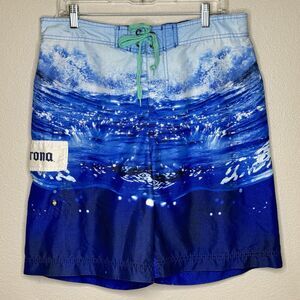 Corona Extra Mens Swim Trunks Size 34 Blue Water Printer Elastic Back Mesh Lined